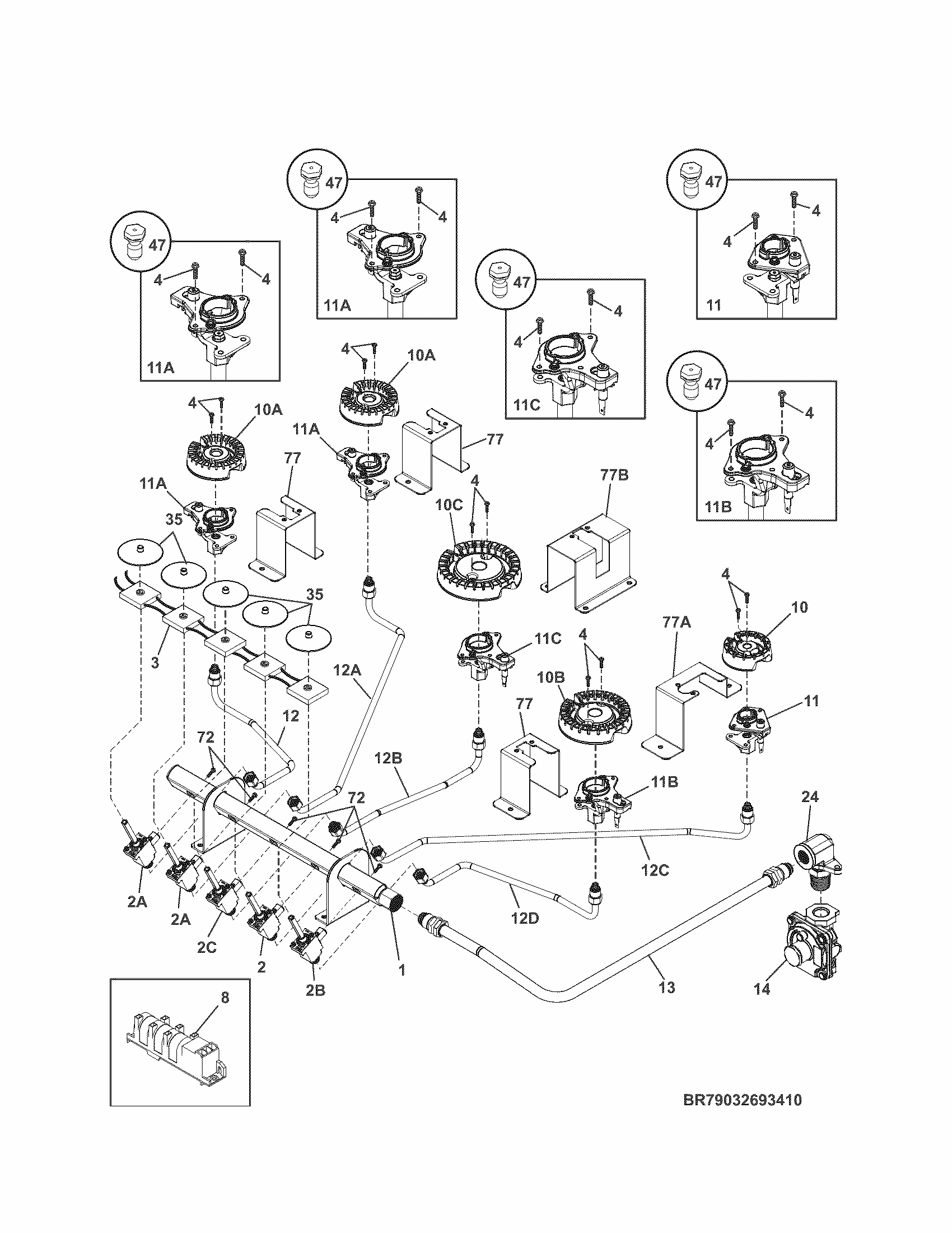 Burner Diagram and Parts List for 79032553410  Kenmore Cooktop
