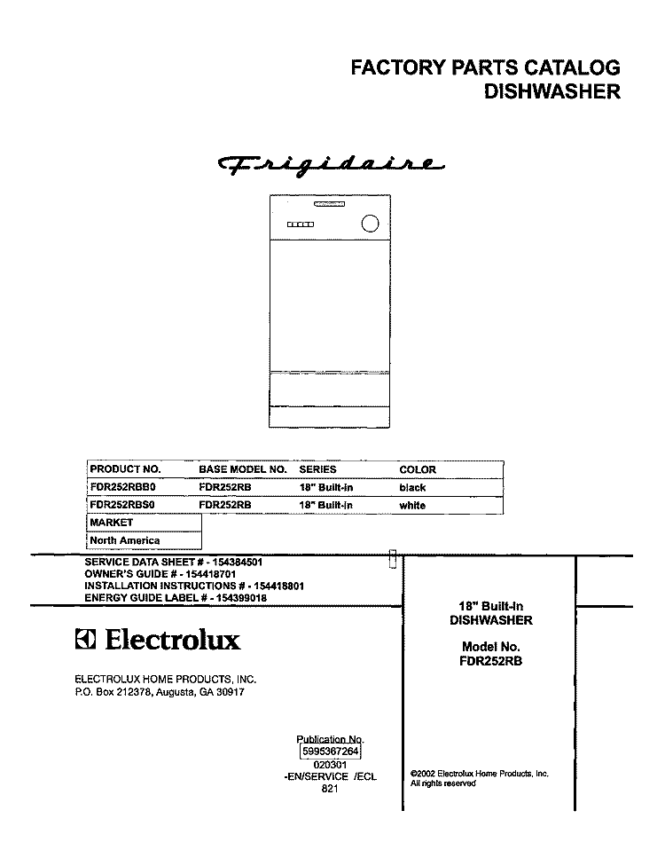 COVER Diagram and Parts List for FDR252RBS0  Frigidaire Dishwasher