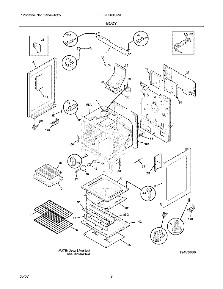 BODY Diagram and Parts List for FGF368GMA  Frigidaire Range