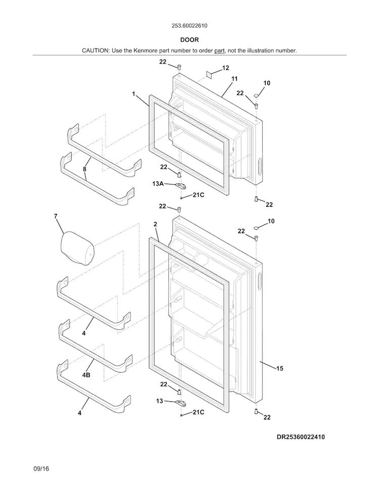 Doors Diagram and Parts List for 25360022610  Kenmore Refrigerator
