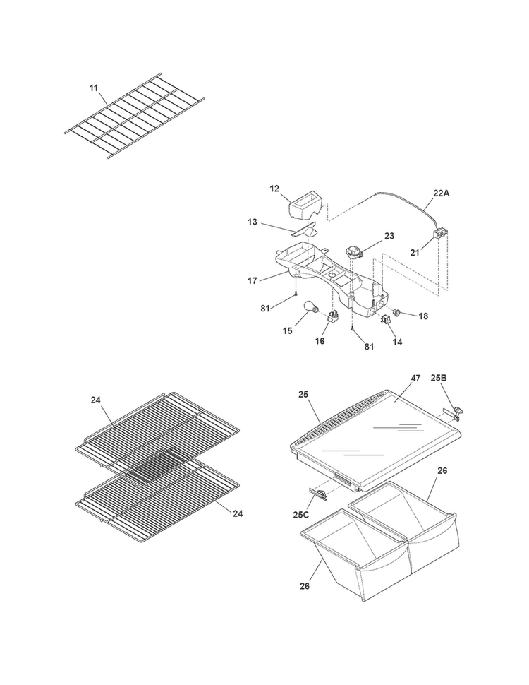 Shelves Diagram and Parts List for LFHT1513NS1  Frigidaire Refrigerator