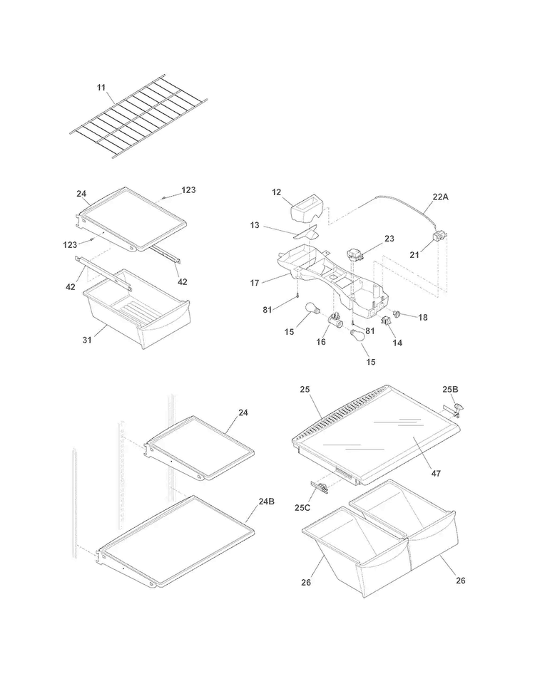 Shelves Diagram and Parts List for DGHT1844KR8  Frigidaire Refrigerator