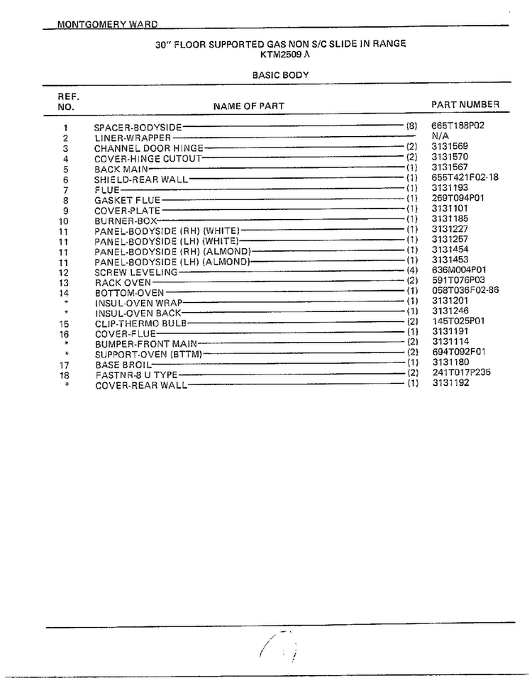 30" Floor Gas/body Page 2 Diagram and Parts List for 2509A  Frigidaire Range