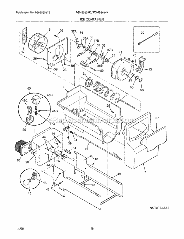 Ice Container Diagram and Parts List for FGHS2634KQ1  Frigidaire Refrigerator