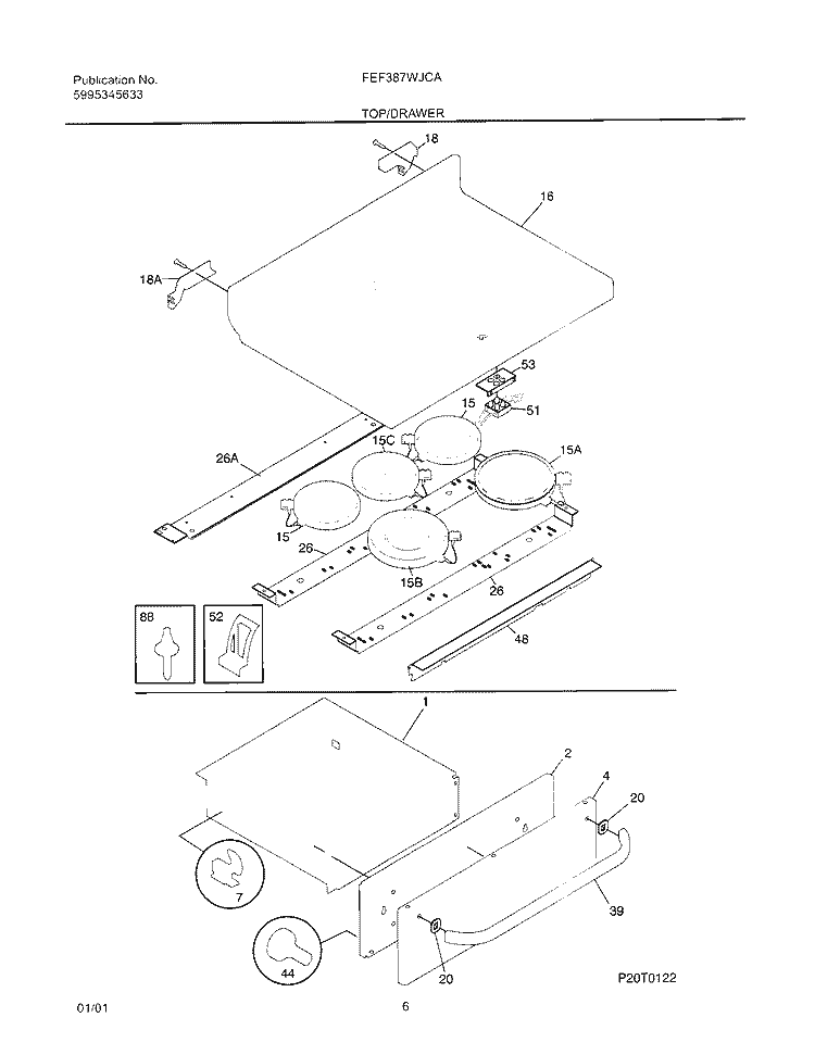 TOP / DRAWER Diagram and Parts List for FEF387WJCA  Frigidaire Range