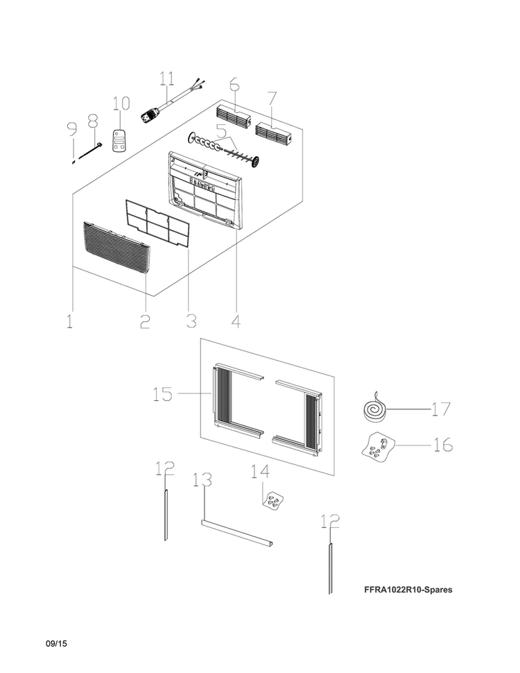 Recommended Spare Parts Diagram and Parts List for FFRE10W3Q17  Frigidaire Air Conditioner
