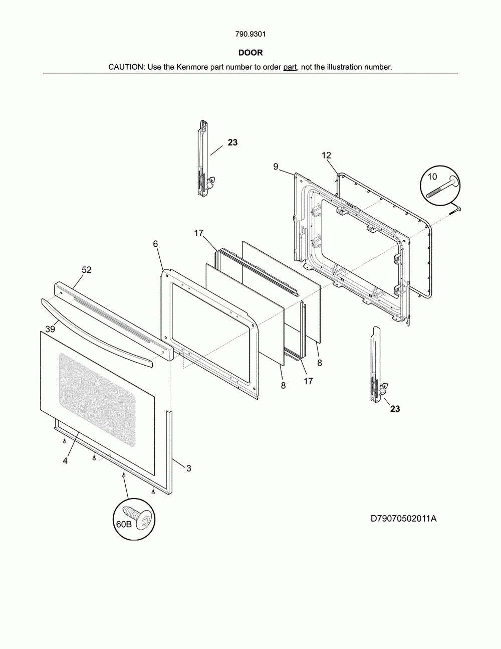 Door Diagram and Parts List for 79093012314  Kenmore Range