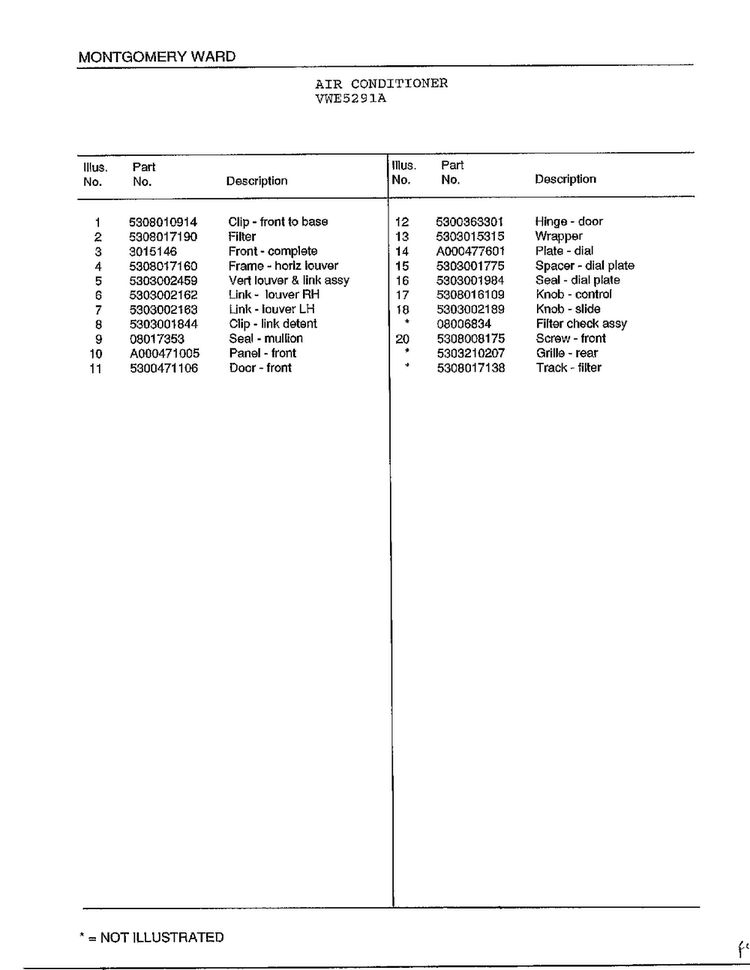 Air Conditioner Page 2 Diagram and Parts List for 5291A  Frigidaire Air Conditioner