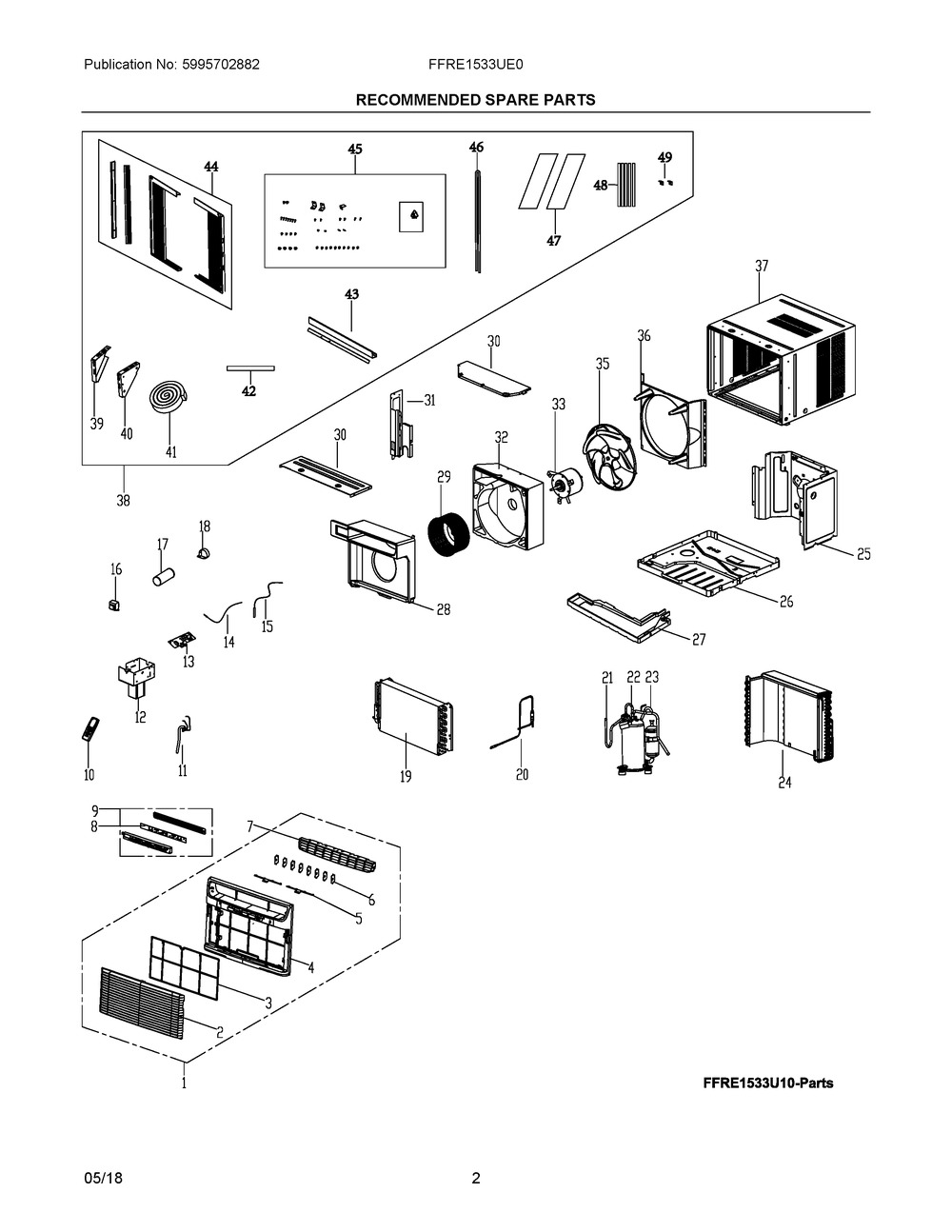 Recommended Spare Parts Diagram and Parts List for FFRE1533UE0  Frigidaire Air Conditioner