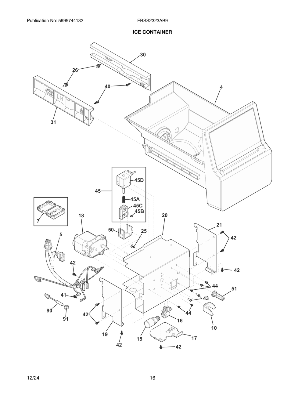 Ice Container Diagram and Parts List for FRSS2323AB9  Frigidaire Refrigerator