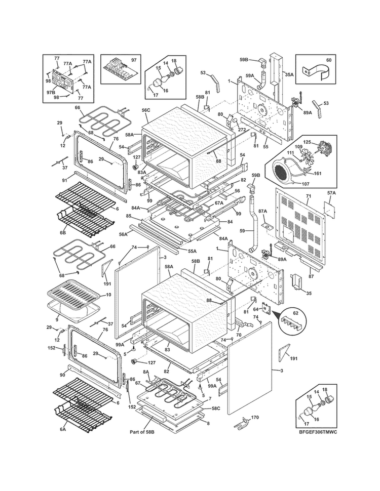 Body Diagram and Parts List for FGEF306TMWC  Frigidaire Range