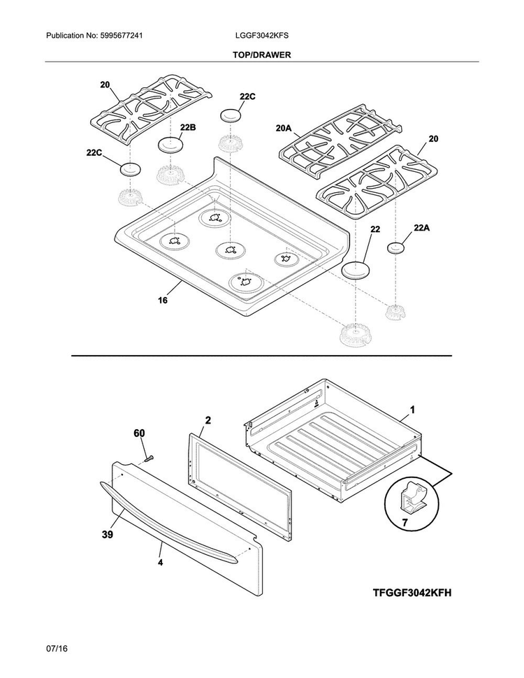 Top/drawer Diagram and Parts List for LGGF3042KFS  Frigidaire Range