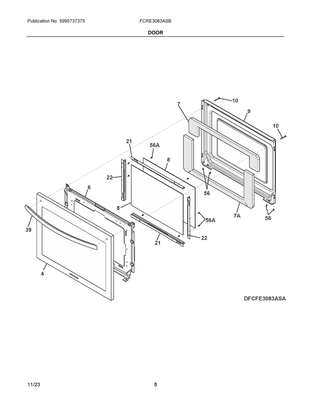 Door Diagram and Parts List for FCRE3083ASB  Frigidaire Range