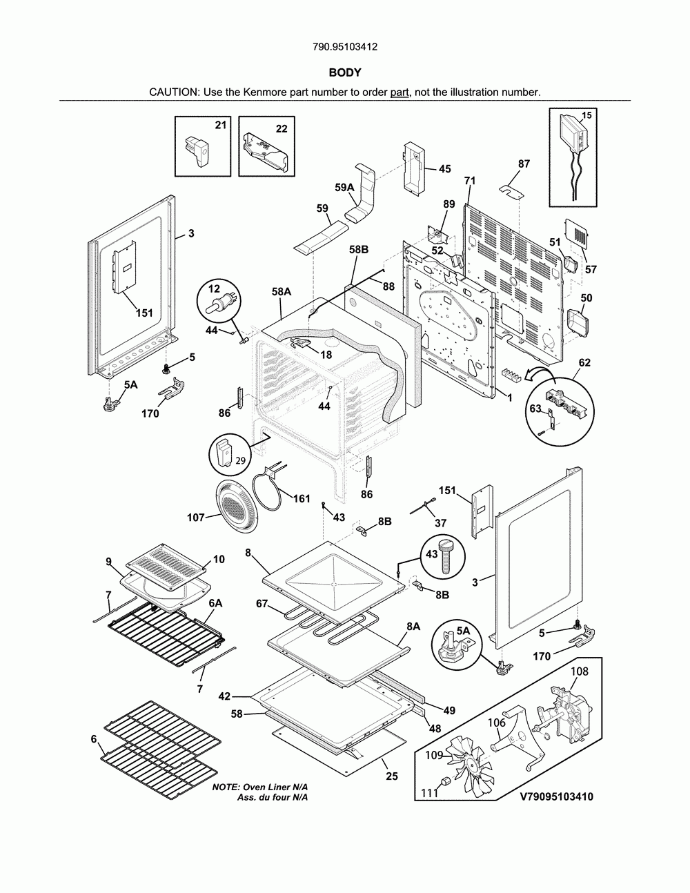 Body Diagram and Parts List for 79095103412  Kenmore Range