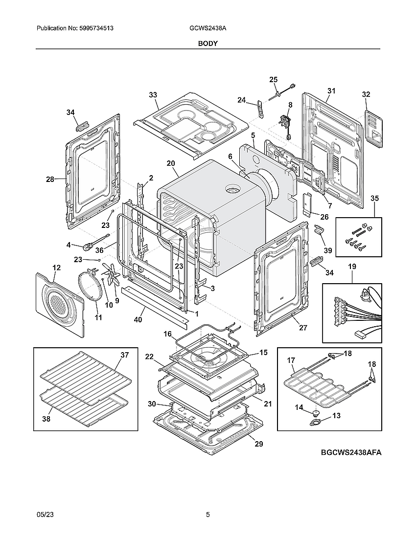 Body Diagram and Parts List for GCWS2438ABA  Electrolux Wall Oven