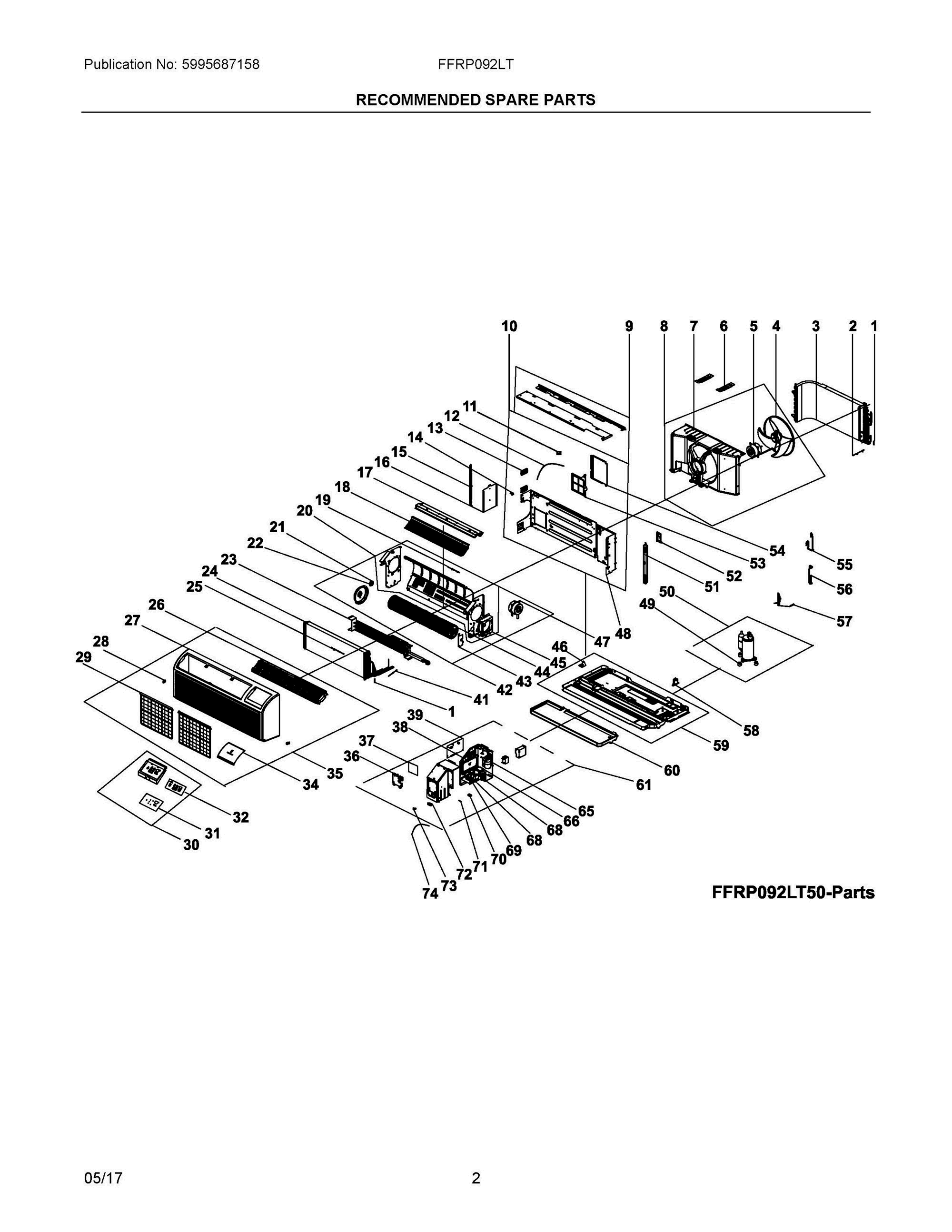02 - RECOMMENDED SPARE PARTS Diagram and Parts List for FFRP092LT50  Frigidaire Air Conditioner