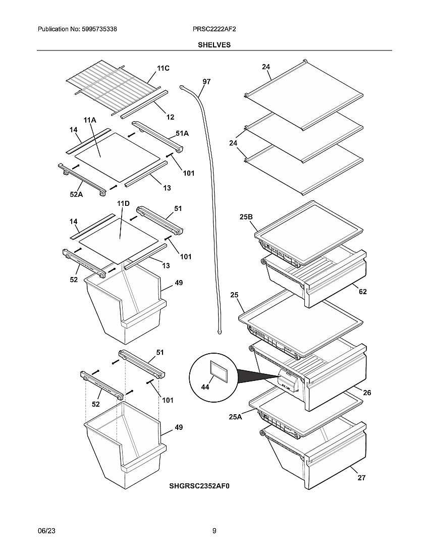 Shelves Diagram and Parts List for PRSC2222AF2  Frigidaire Refrigerator