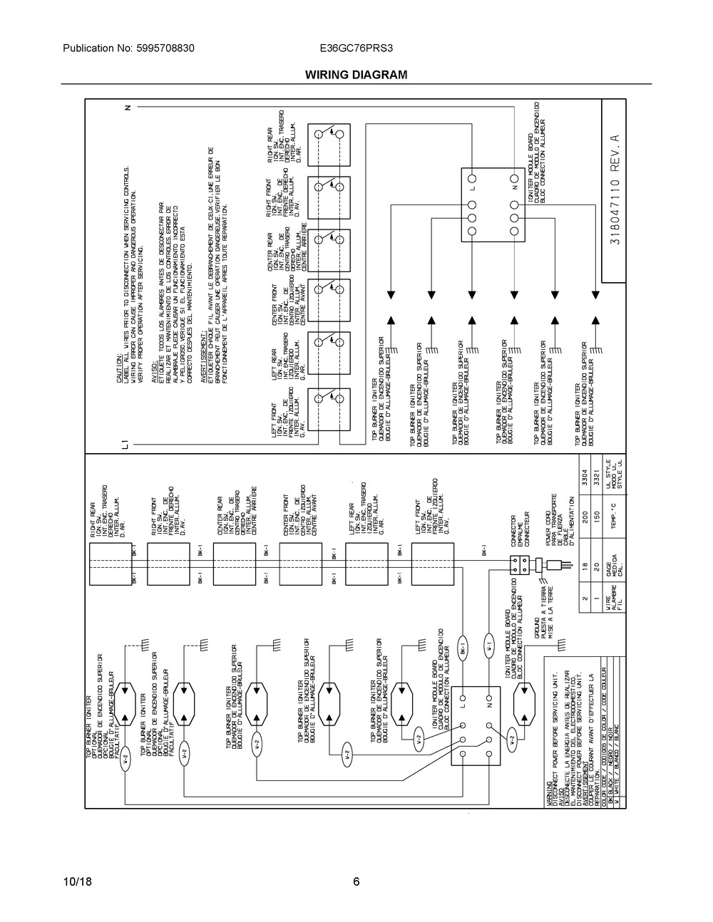 Wiring Diagram Diagram and Parts List for E36GC76PRS3  Frigidaire Cooktop