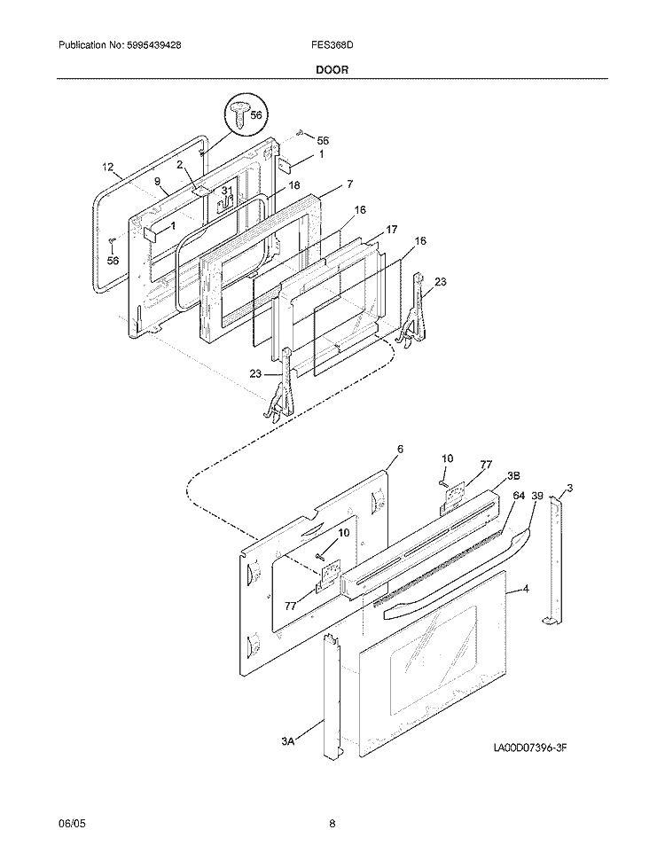 DOOR Diagram and Parts List for FES368DQC  Frigidaire Range
