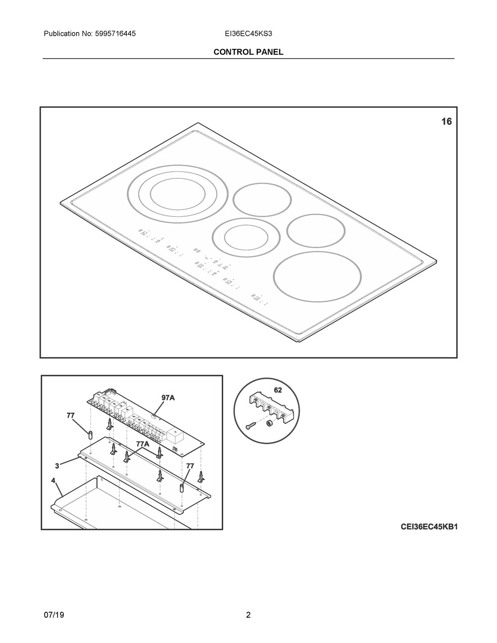 Control Panel Diagram and Parts List for EI36EC45KS3  Frigidaire Cooktop