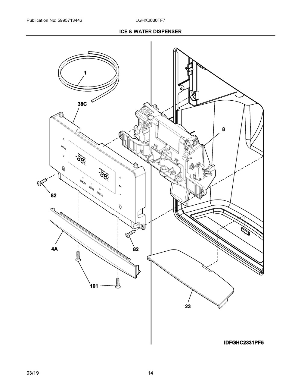 Ice & Water Dispenser Diagram and Parts List for LGHX2636TF7  Frigidaire Refrigerator