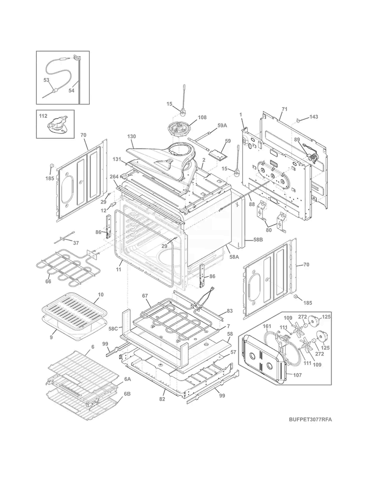 Upper Oven Diagram and Parts List for FPET3077RFA  Frigidaire Wall Oven