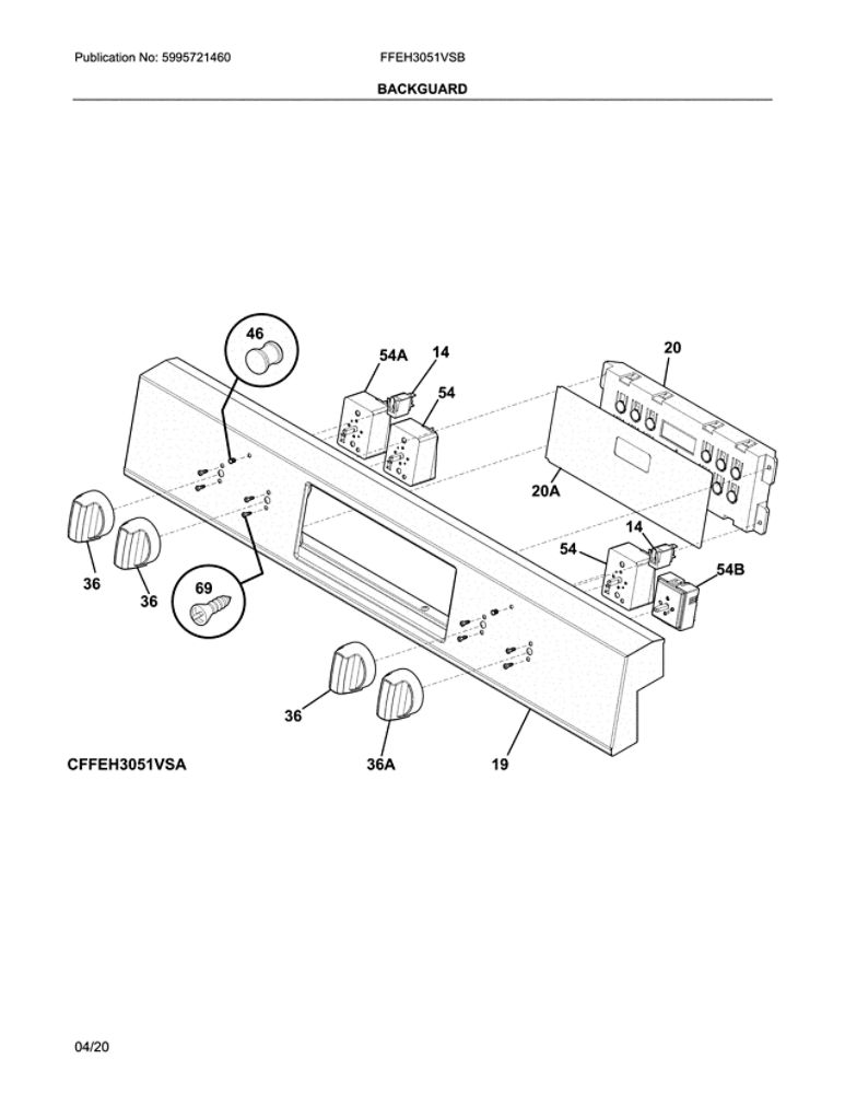 Backguard Diagram and Parts List for FFEH3051VSB  Frigidaire Range