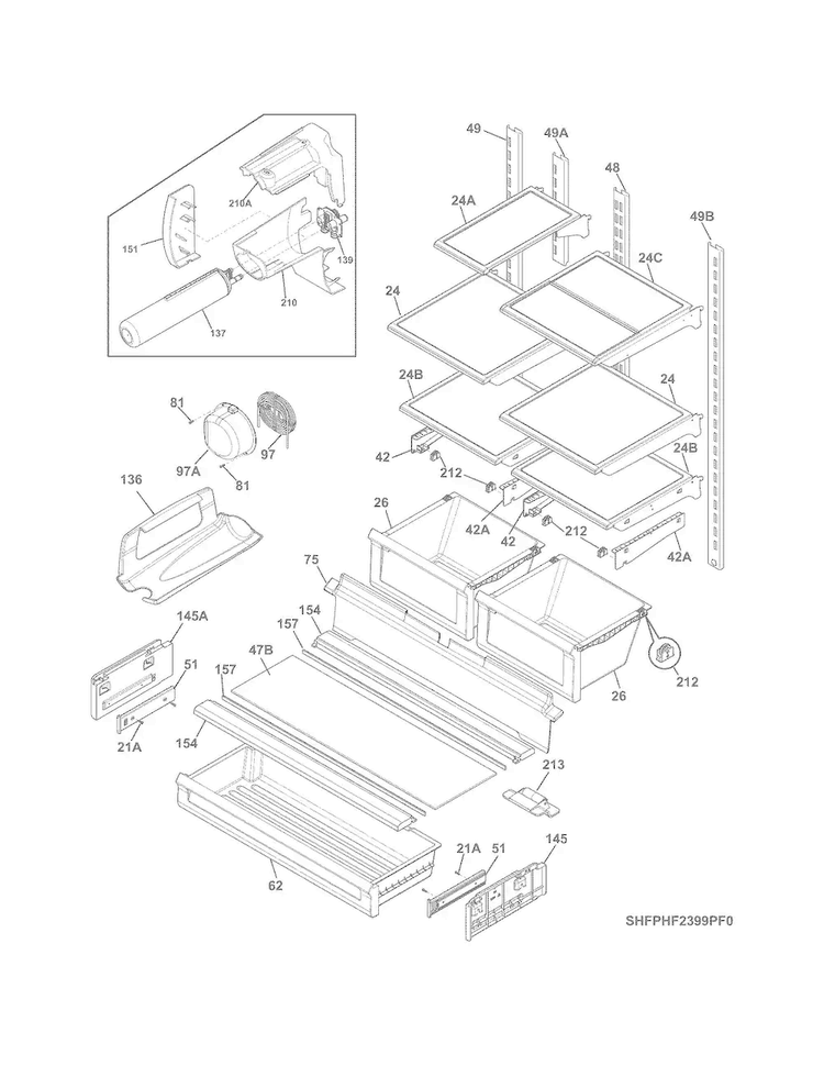 Shelves Diagram and Parts List for FPHF2399PF5  Frigidaire Refrigerator