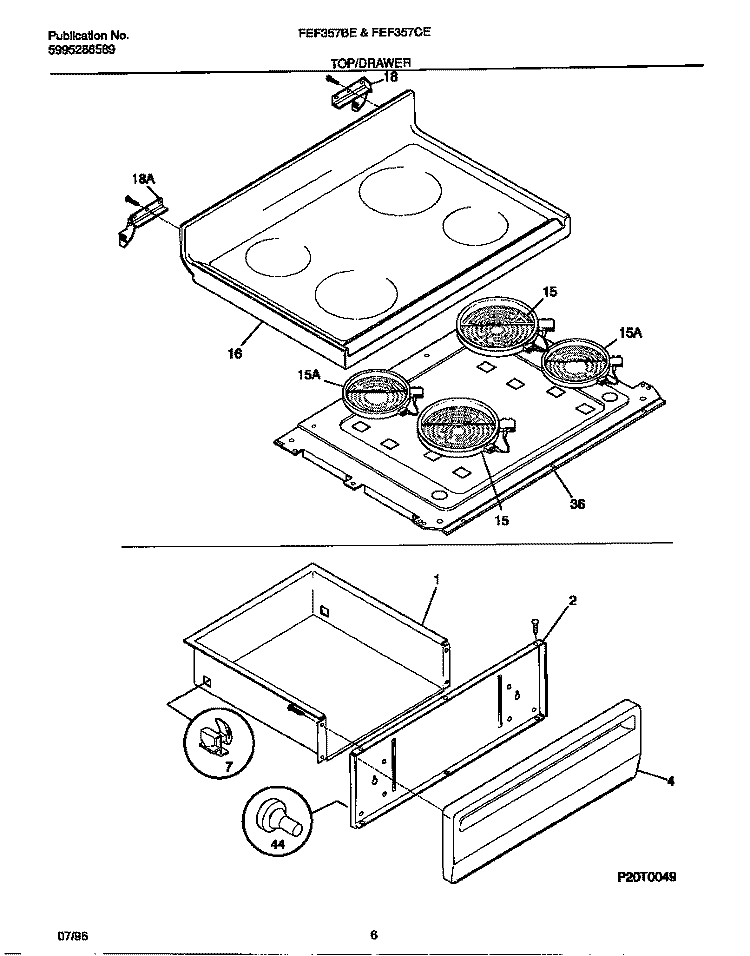 TOP / DRAWER Diagram and Parts List for FEF357CESB  Frigidaire Range
