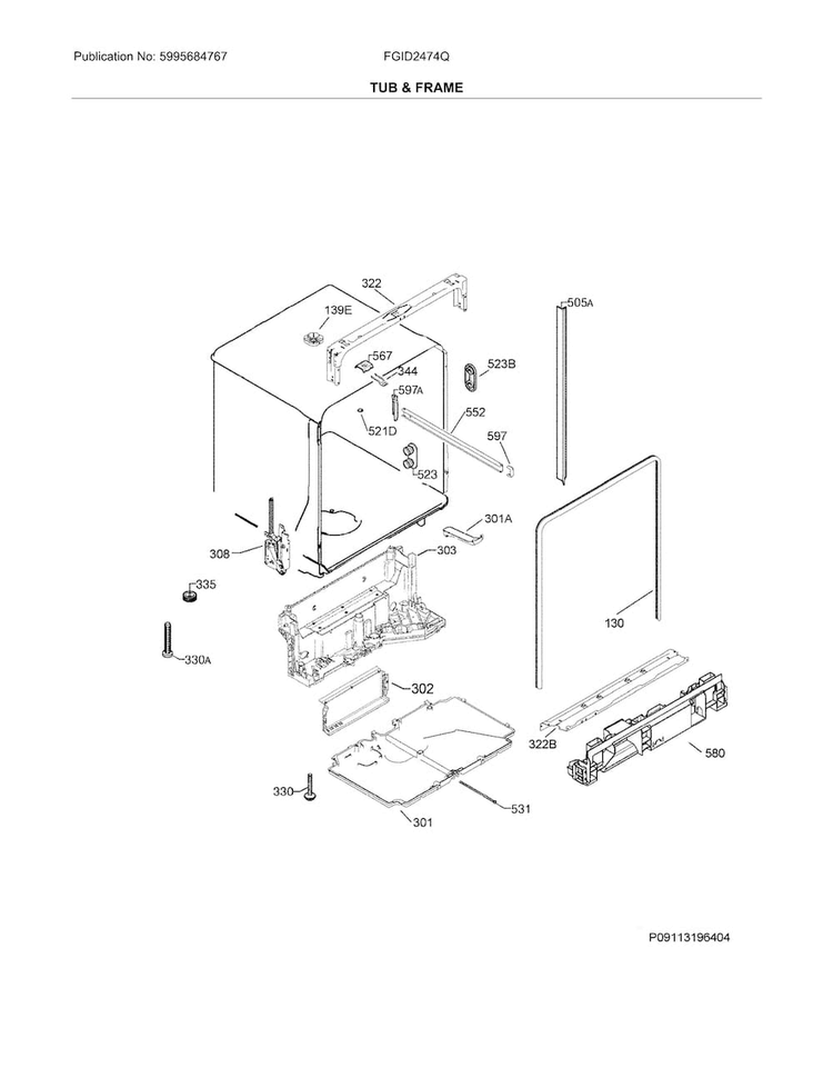 Tub & Frame Diagram and Parts List for FGID2474QF5B  Frigidaire Dishwasher