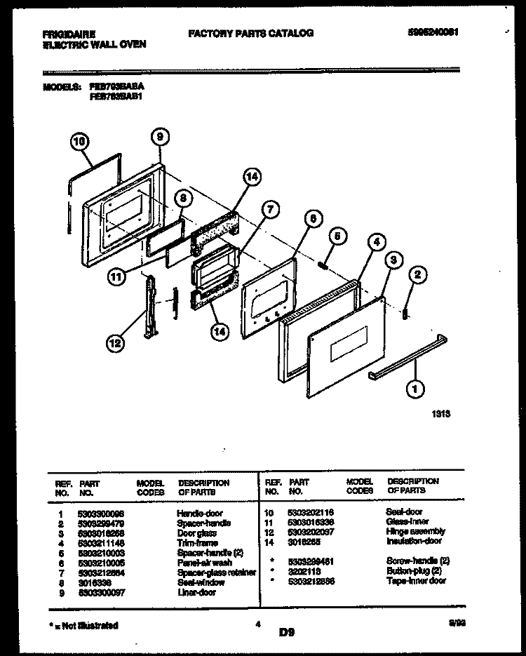 DOOR PARTS Diagram and Parts List for FEB703BAB1  Frigidaire Wall Oven