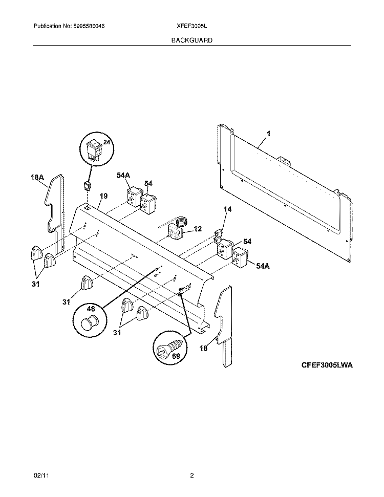 BACKGUARD Diagram and Parts List for XFEF3005LWD  Frigidaire Range