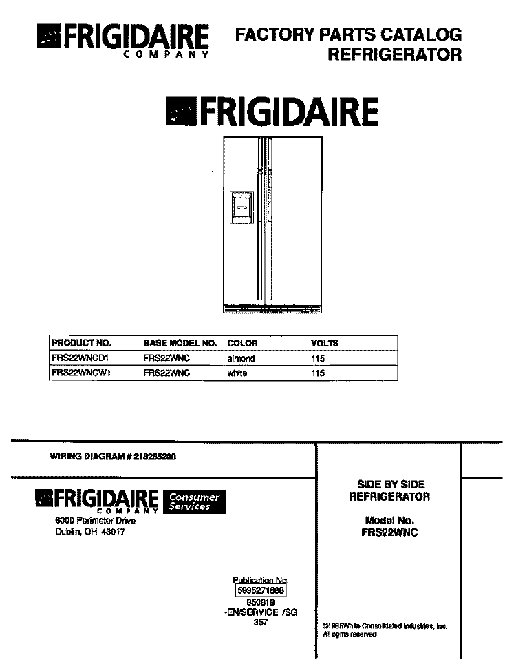 COVER Diagram and Parts List for FRS22WNCW1  Frigidaire Refrigerator