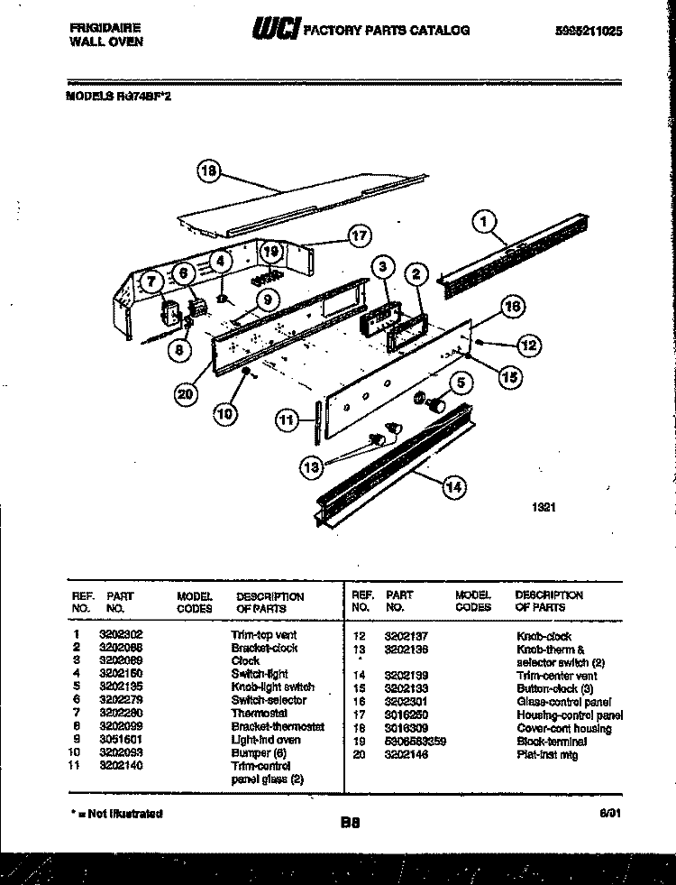 CONTROL PANEL Diagram and Parts List for RG74BF2  Frigidaire Wall Oven