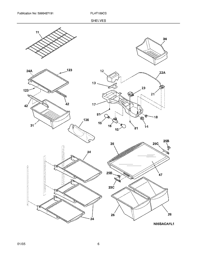 SHELVES Diagram and Parts List for PLHT189CSB6  Frigidaire Refrigerator