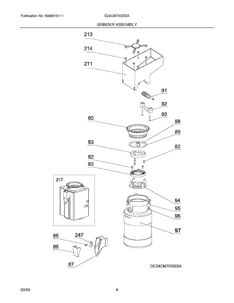 GRINDER ASSEMBLY Diagram and Parts List for E24CM75GSSA  Electrolux Coffee Maker