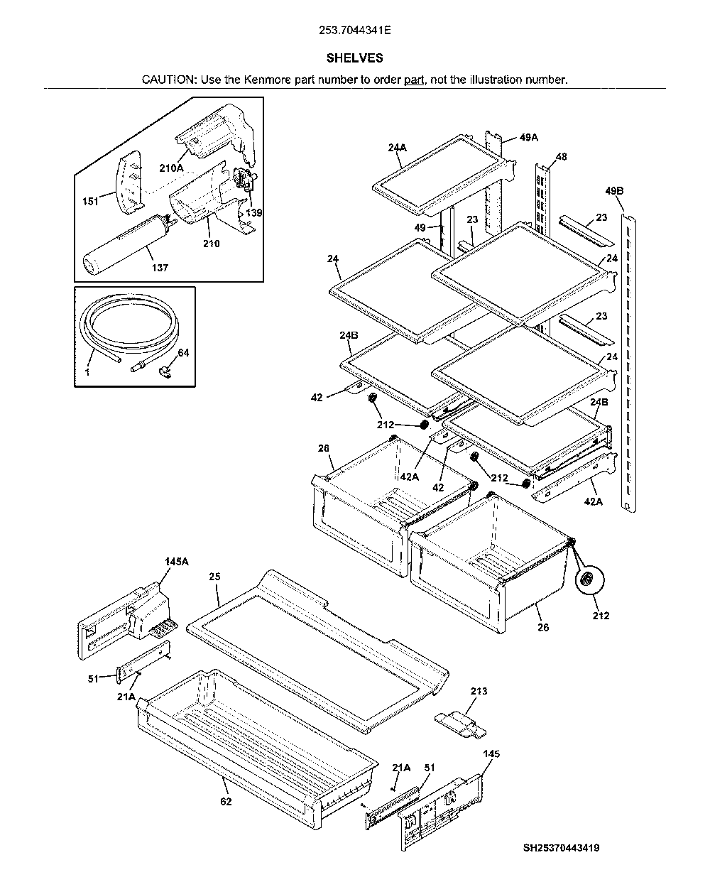Shelves Diagram and Parts List for 2537044341E  Kenmore Refrigerator