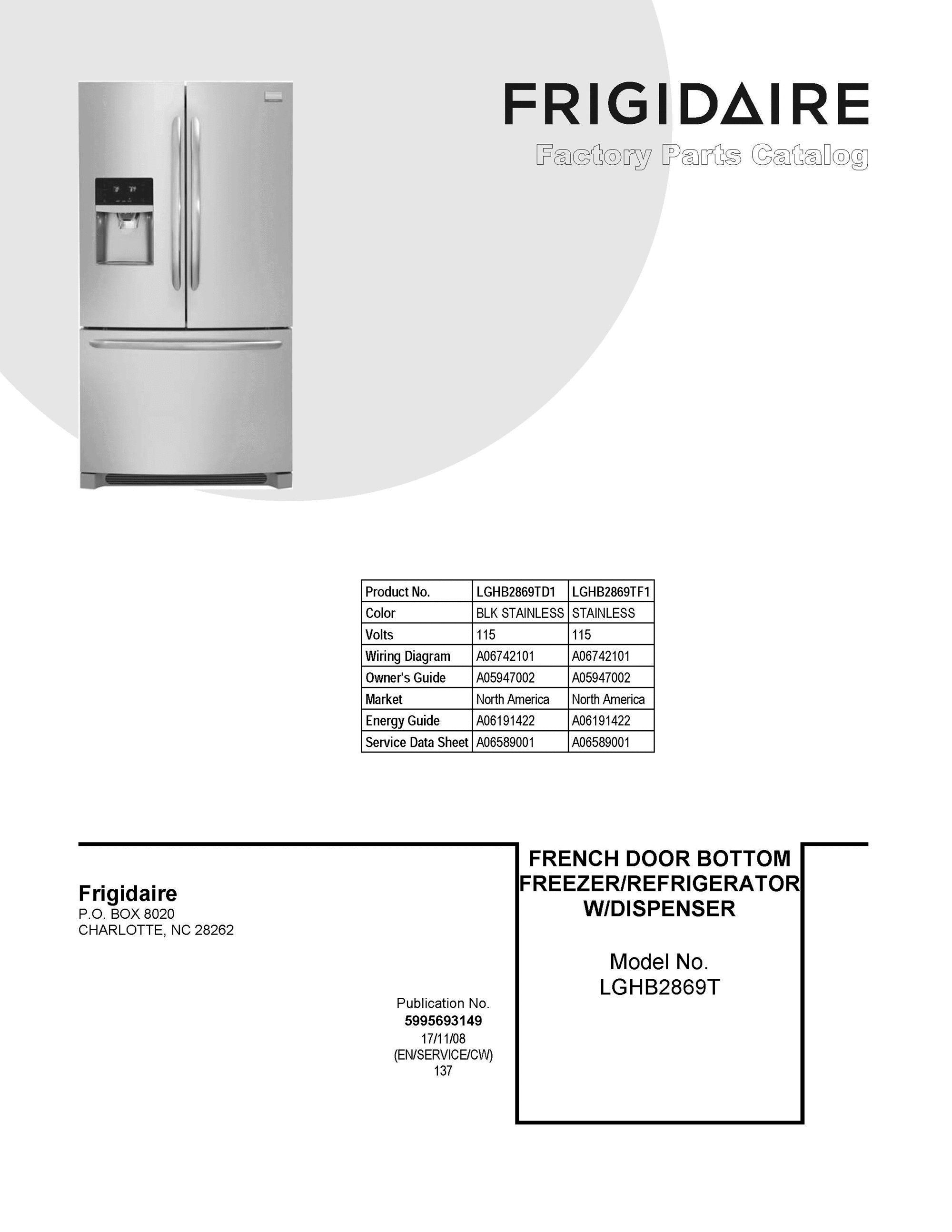01 - COVER SHEET Diagram and Parts List for LGHB2869TD1  Frigidaire Refrigerator
