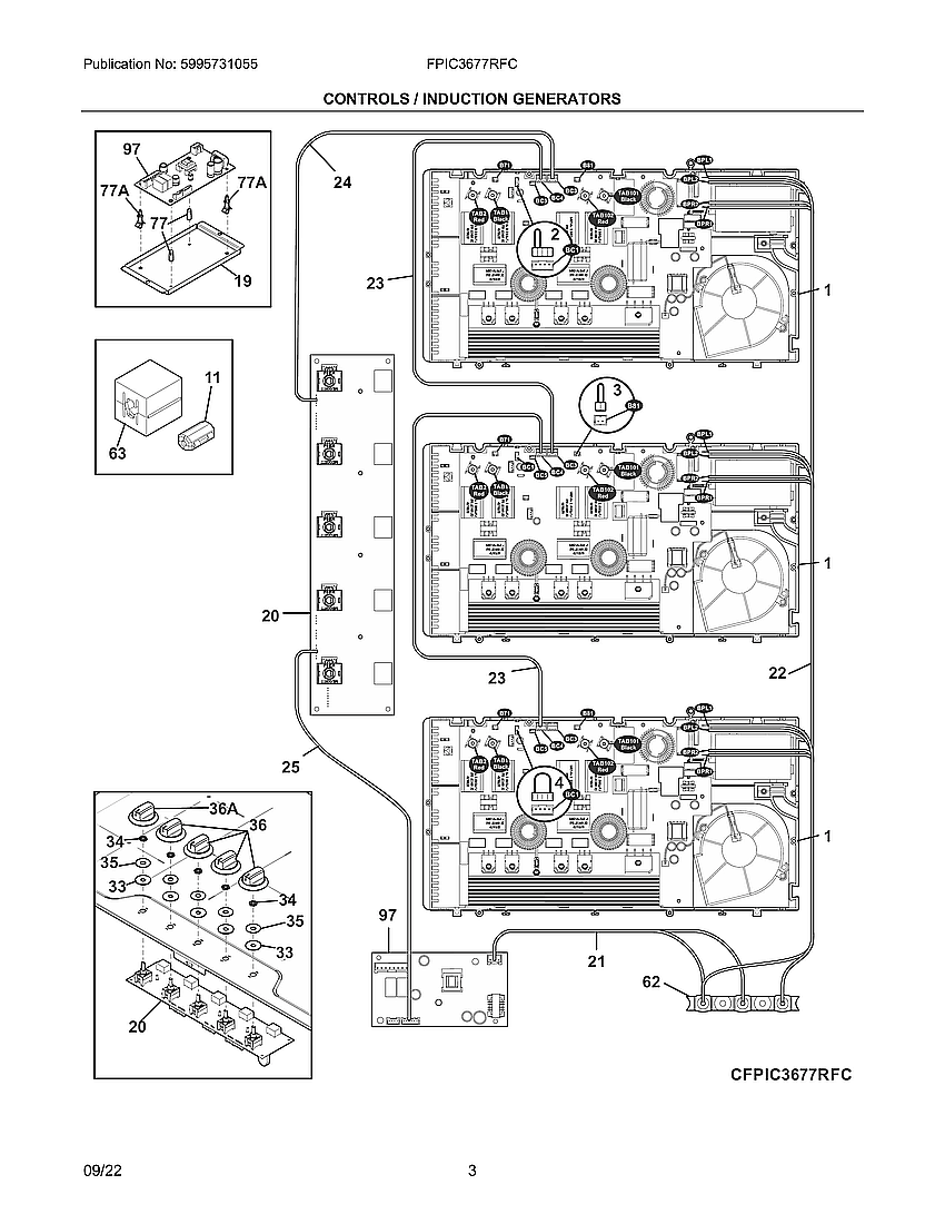 Controls/Induct Generators Diagram and Parts List for FPIC3677RFC  Frigidaire Cooktop