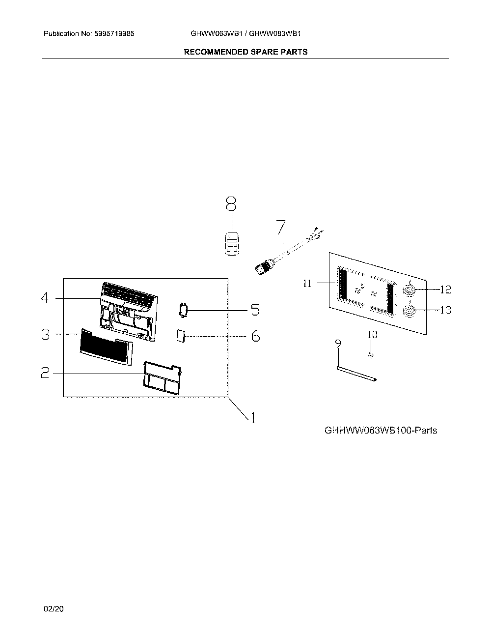 Spare parts Diagram and Parts List for GHWW063WB100  Frigidaire Air Conditioner