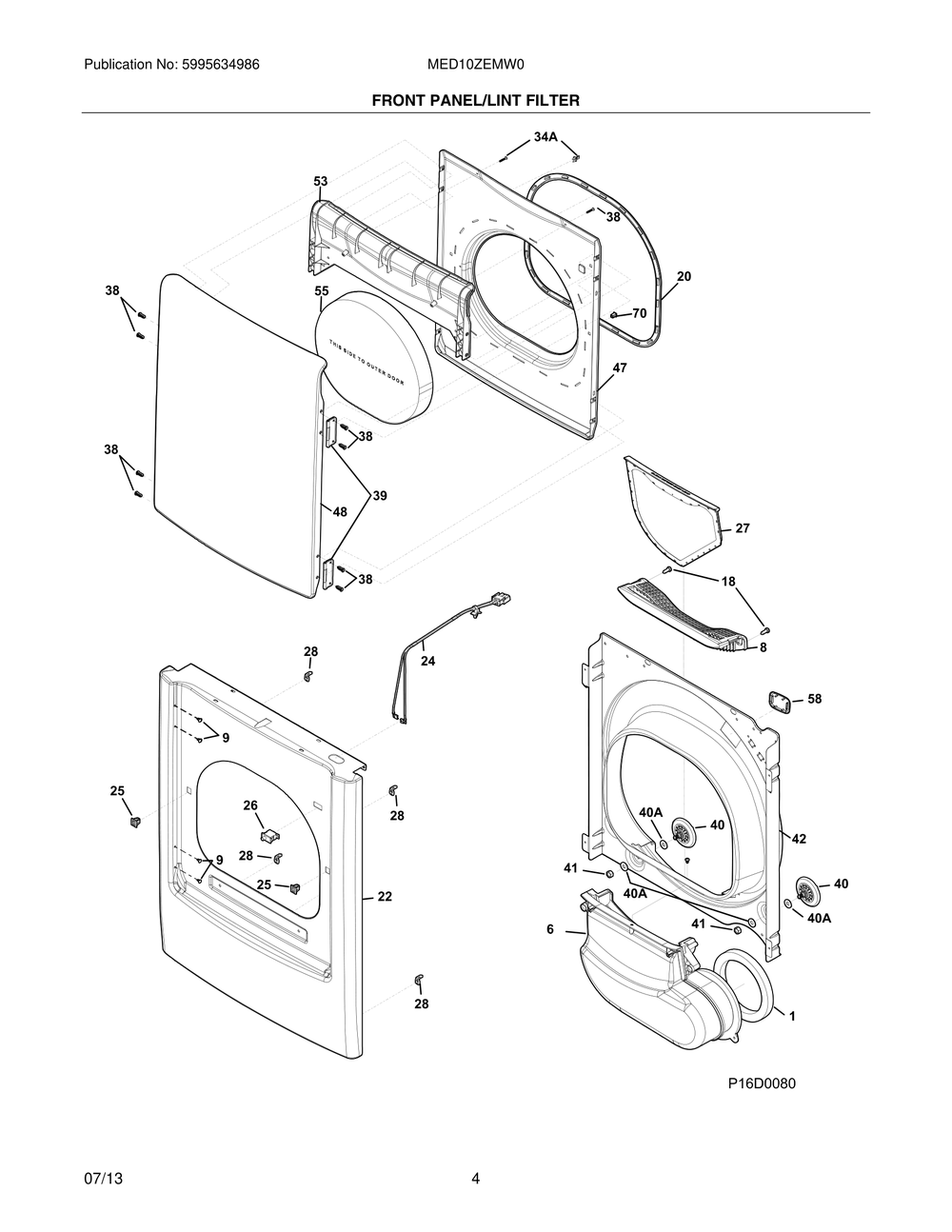 Front Panel/Lint Filter Diagram and Parts List for MED10ZEMW0  Frigidaire Dryer