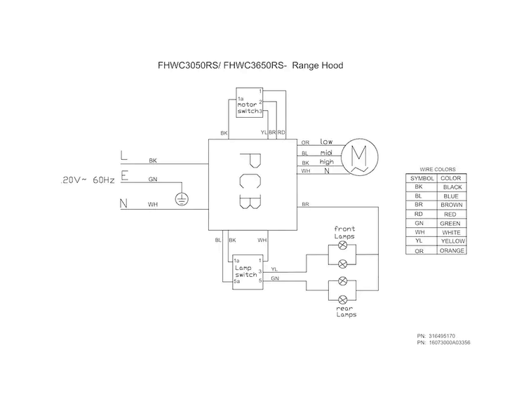 Wiring Diagram Diagram and Parts List for FHWC3050RSA  Frigidaire Range Hood