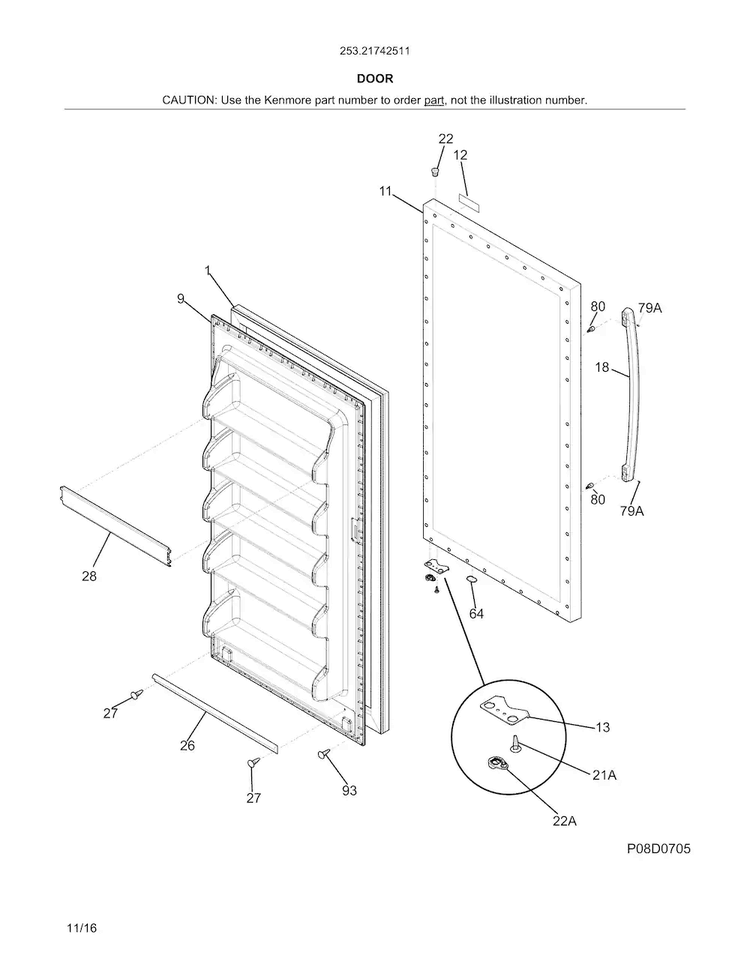 Door Diagram and Parts List for 25321742511  Kenmore Freezer