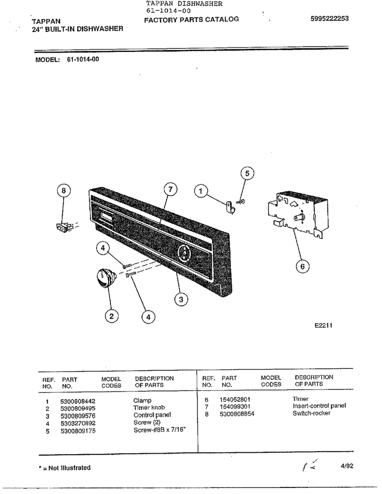 Control Panel Diagram and Parts List for 61-1014-00  Frigidaire Dishwasher