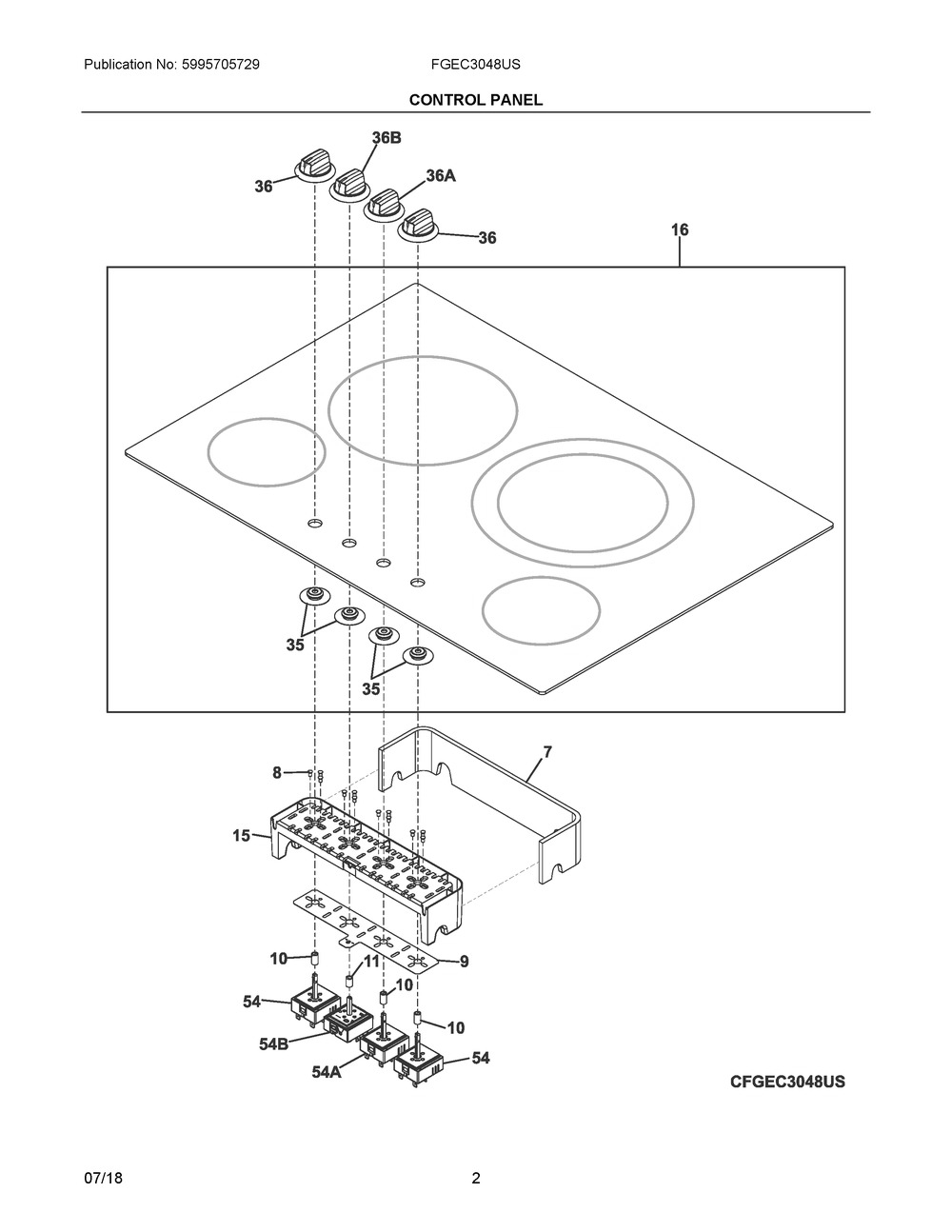 Control Panel Diagram and Parts List for FGEC3048US  Frigidaire Cooktop