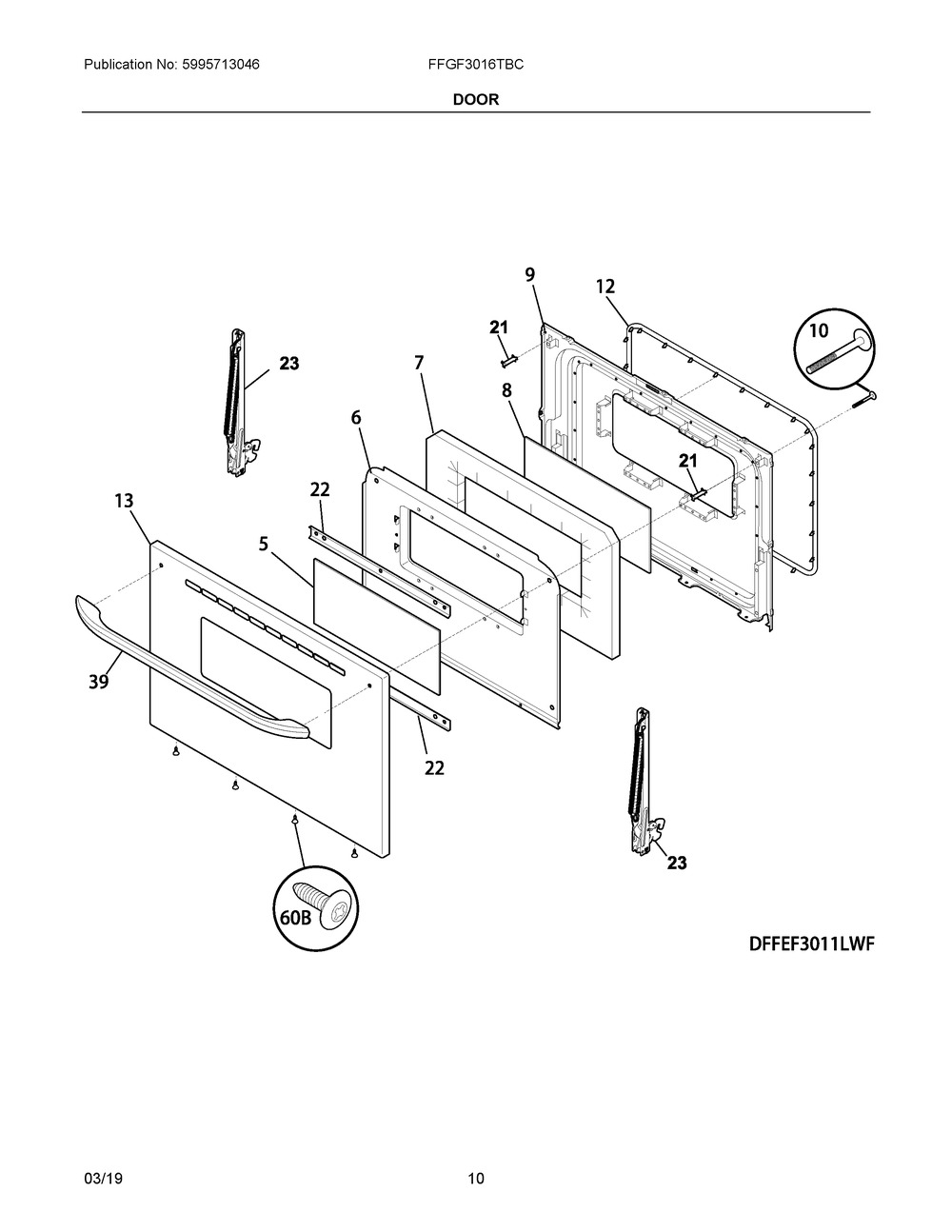 Door Diagram and Parts List for FFGF3016TBC  Frigidaire Range