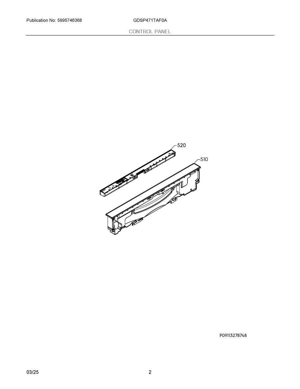 Control Panel Diagram and Parts List for GDSP471TAF0A  Frigidaire Dishwasher