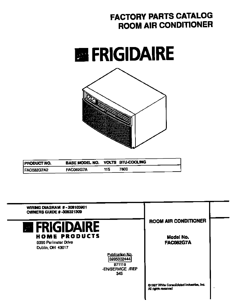 COVER Diagram and Parts List for FAC082G7A2  Frigidaire Air Conditioner