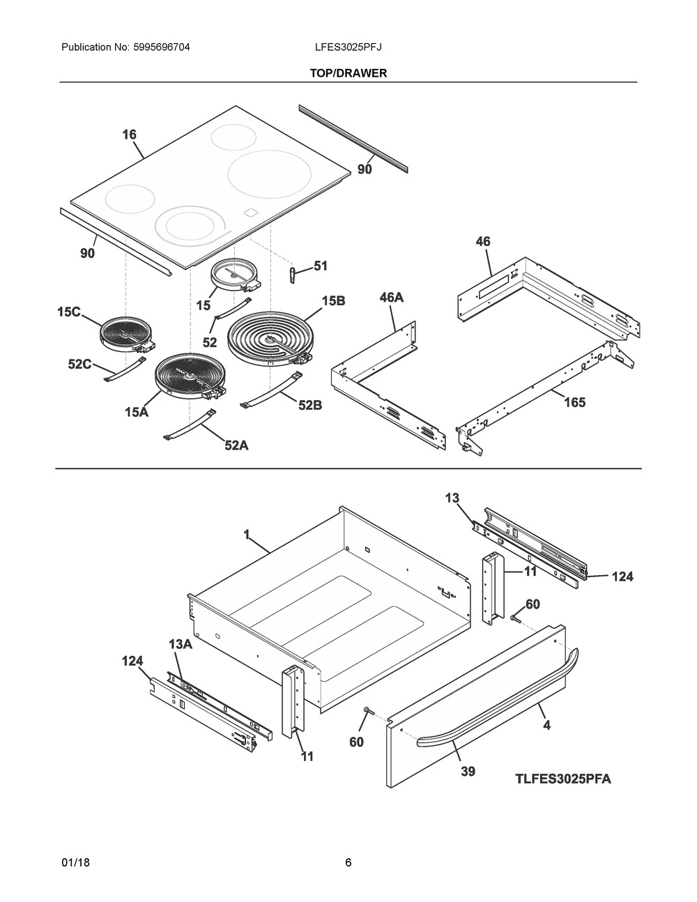 Top/drawer Diagram and Parts List for LFES3025PFJ  Frigidaire Range