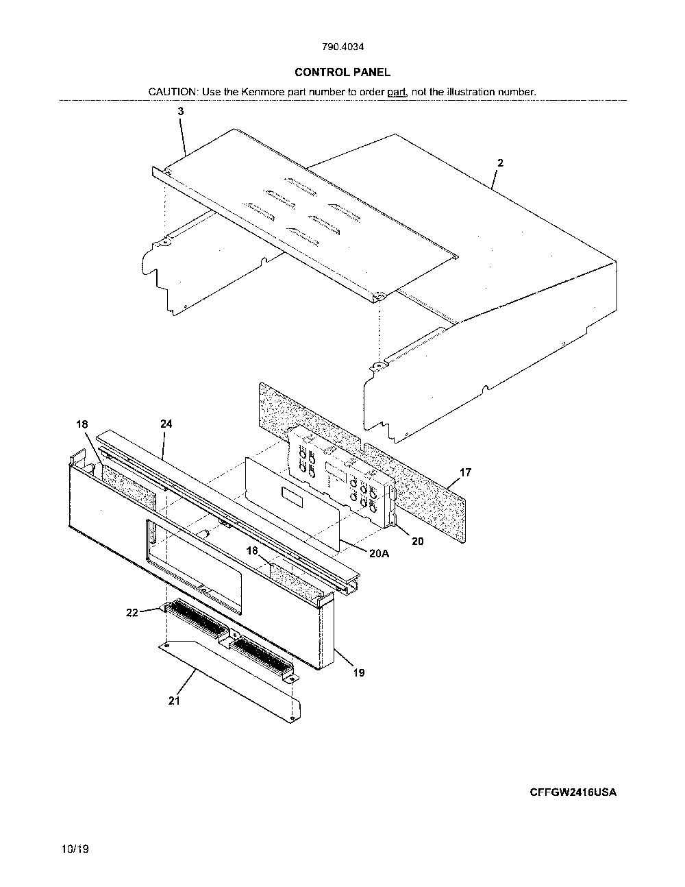 Control panel Diagram and Parts List for 79040342810  Kenmore Wall Oven